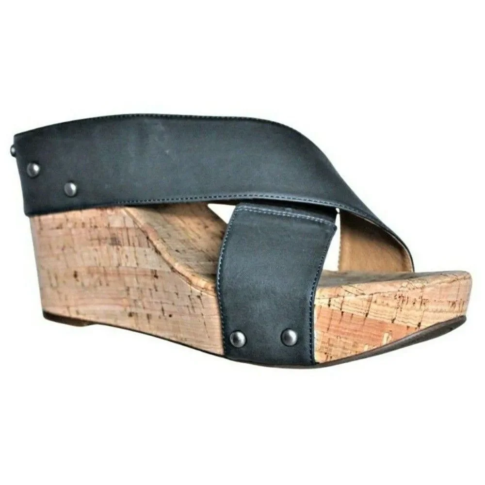 Wedges Sandals Cork Brad Studded X-Band Platform Steel Mykala Blue Women's  9.5